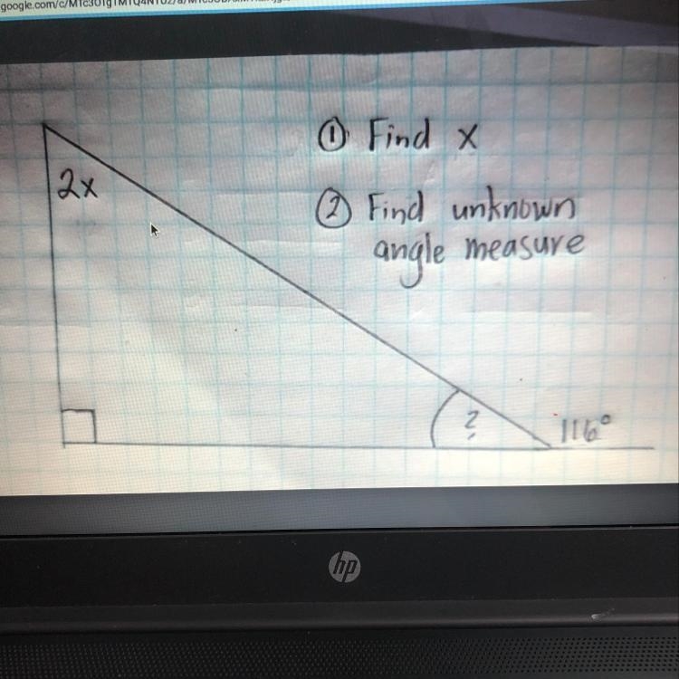 Find x and find unknown angle measure. Please hellppppppp-example-1