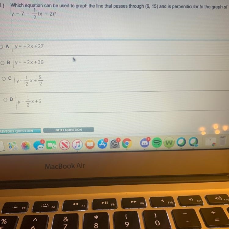 Which equation can be used to graph the line that passes through (6,15) and is perpendicular-example-1