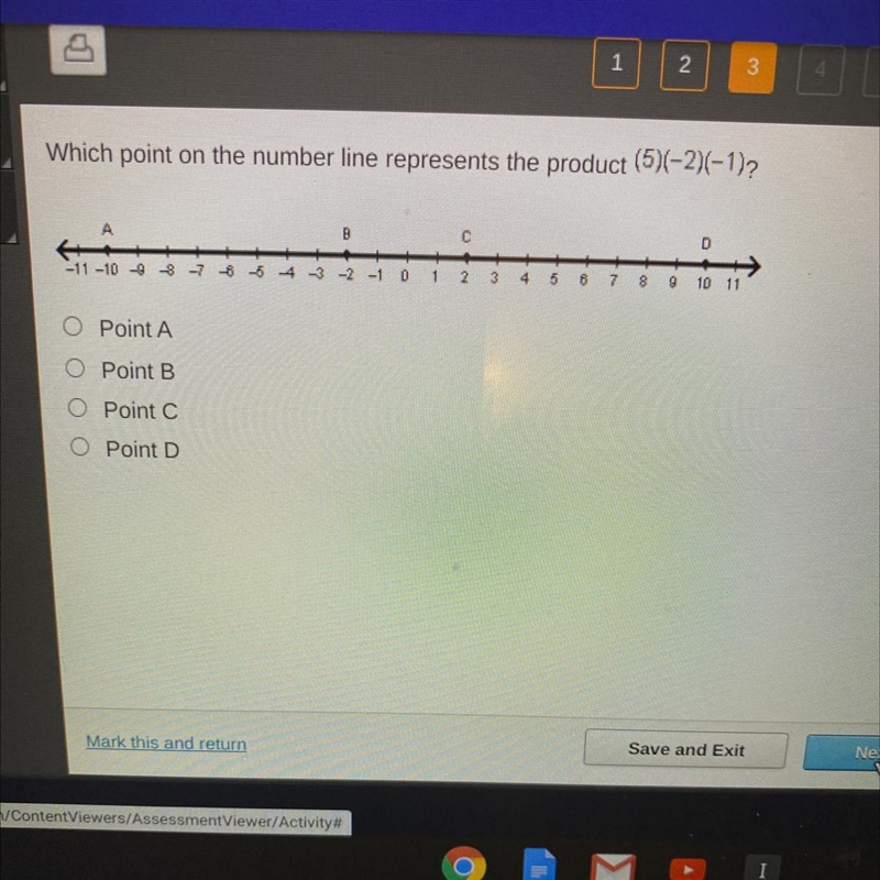 Which point on the number line represents the product (5)(-2)(-1)? I need it ASAP-example-1