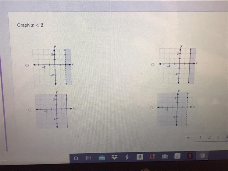 Which graph would represent x<2 ??? please help me quick-example-1