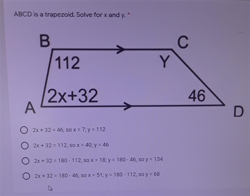 ABCD is a trapezoid. Solve for x and y ​-example-1