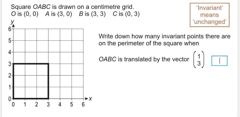 Square OABC is drawn on a centimetre grid. O is (0,0) A is (3,0) B is (3,3) C is (0,3) Write-example-1