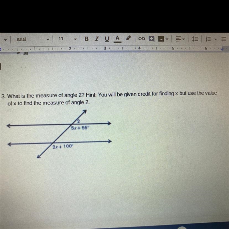 3. What is the measure of angle 2? Hint: You will be given credit for finding x but-example-1