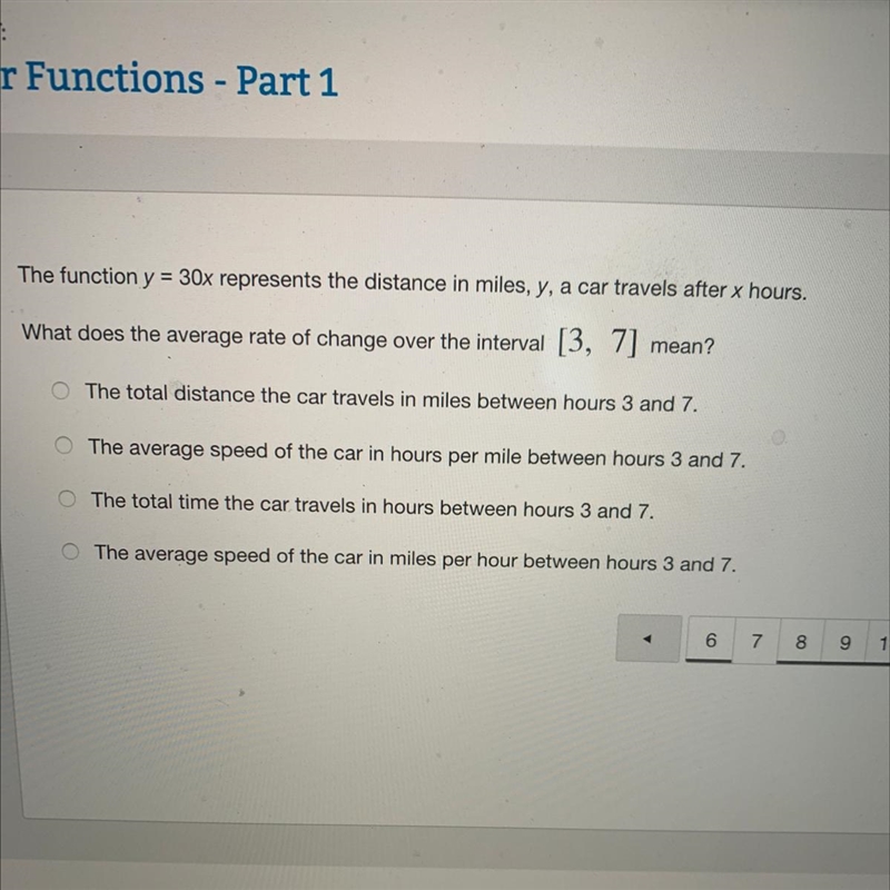 The function y=30x represents the distance in miles, y, a car travels after x hours-example-1