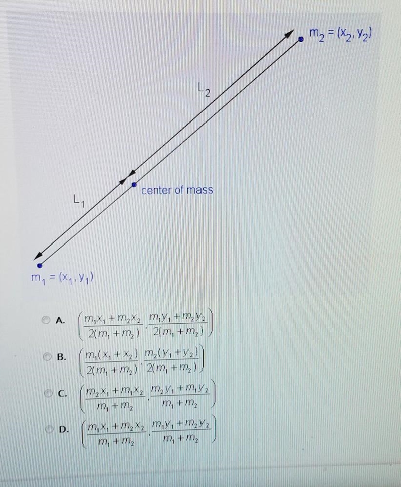 The center of mass is defined as a point on the straight line between two objects-example-1