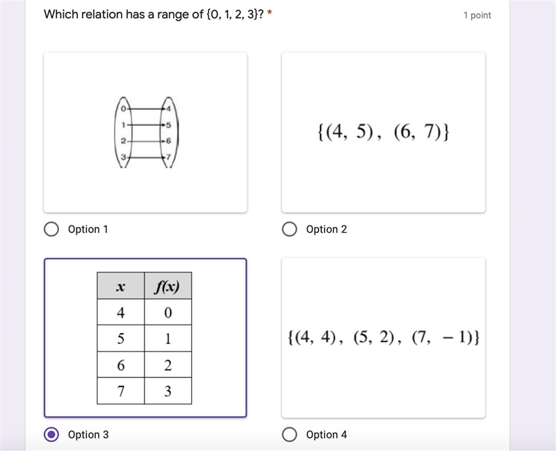 Which relation has a range of {0, 1, 2, 3}? (idk if its option 3 or not I just chose-example-1