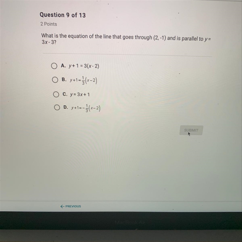 What is the equation of the line that goes through (2, -1) and is parallel to y= 3x-example-1