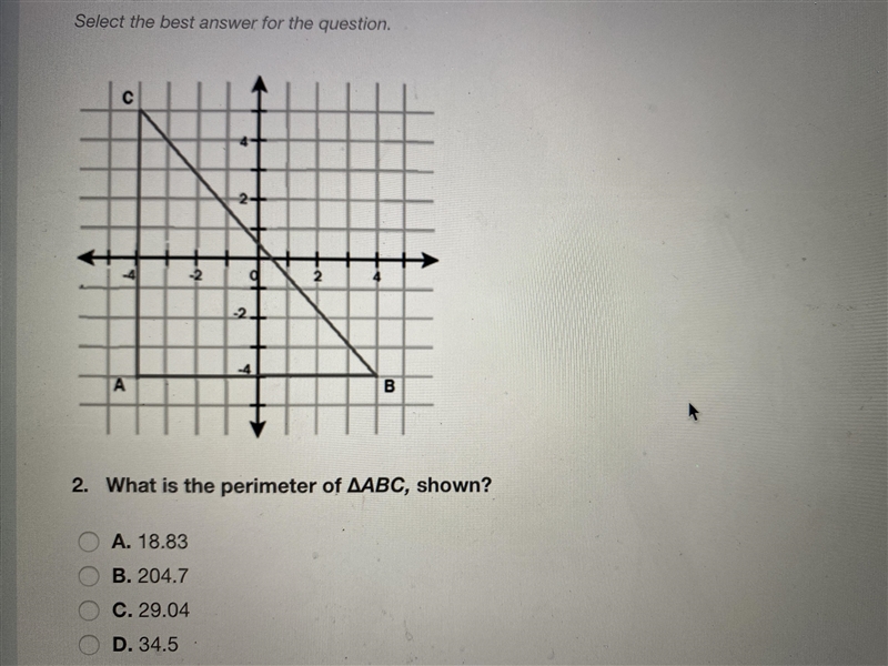 What is the perimeter of ABC, shown? A. 18.83 B. 204.7 C. 29.04 D. 34.5-example-1