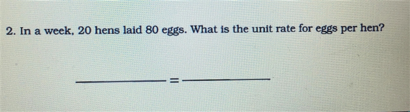 In a week, 20 hens laid 80 eggs. What is the unit rate for eggs per hen?-example-1