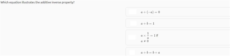 Which equation illustrates the additive inverse property?-example-1