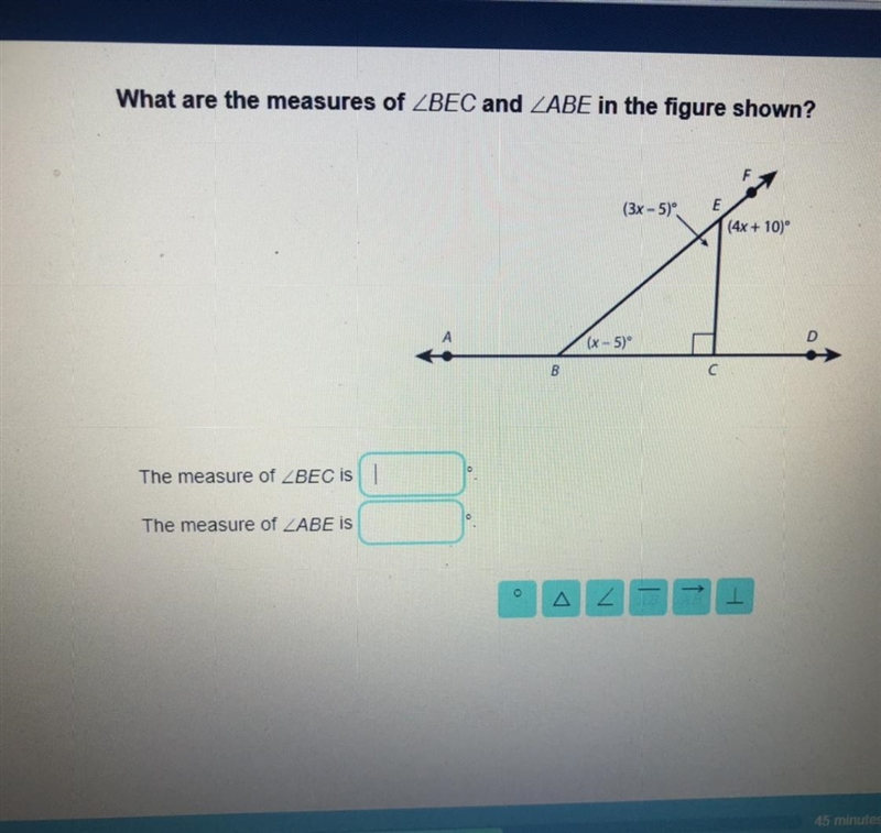 What is the angle bec and the angle Abe? Answer quick please!-example-1