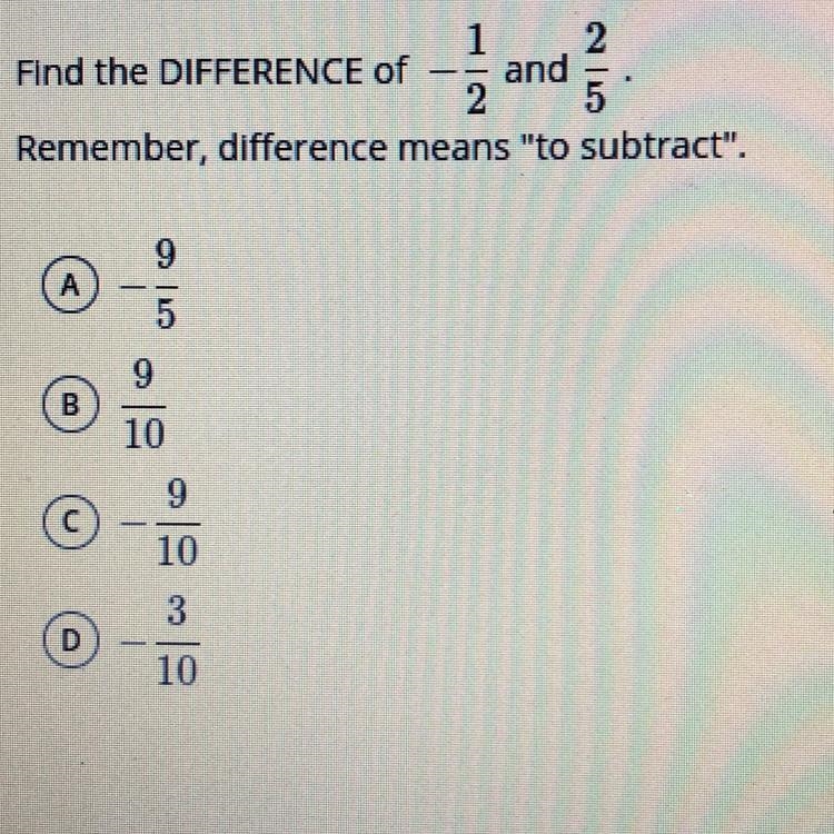 What's is the difference of -1/2 and 2/5-example-1