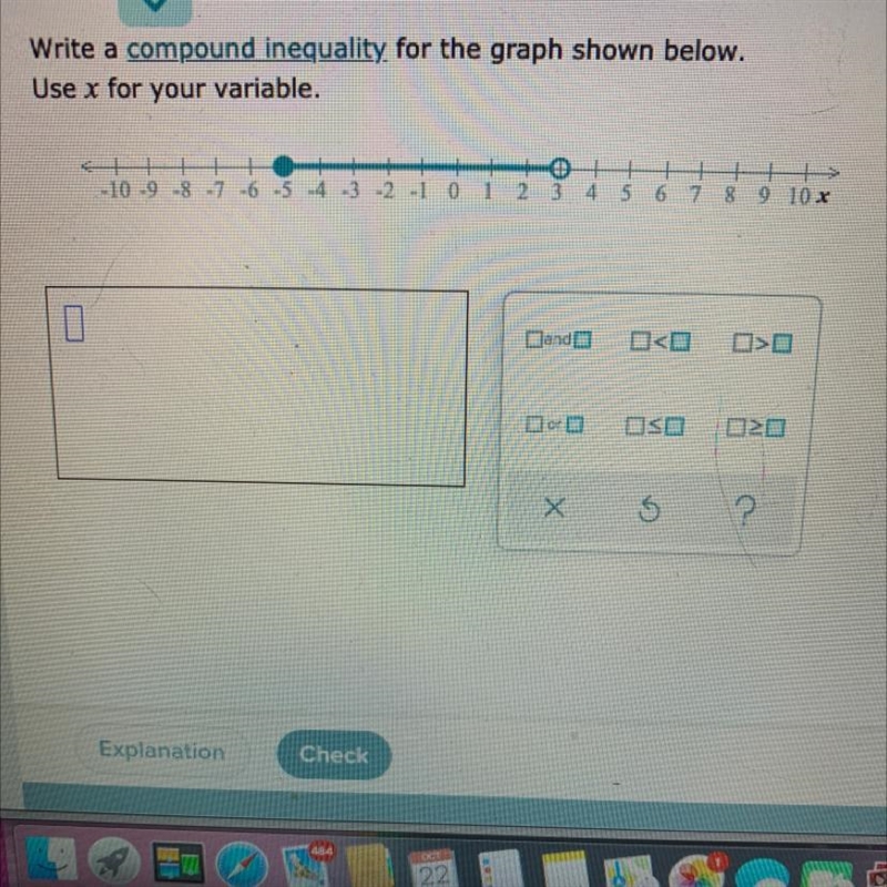 PLEASE HELP AGAIN ?! stuck :( Write a compound inequality for the graph shown below-example-1