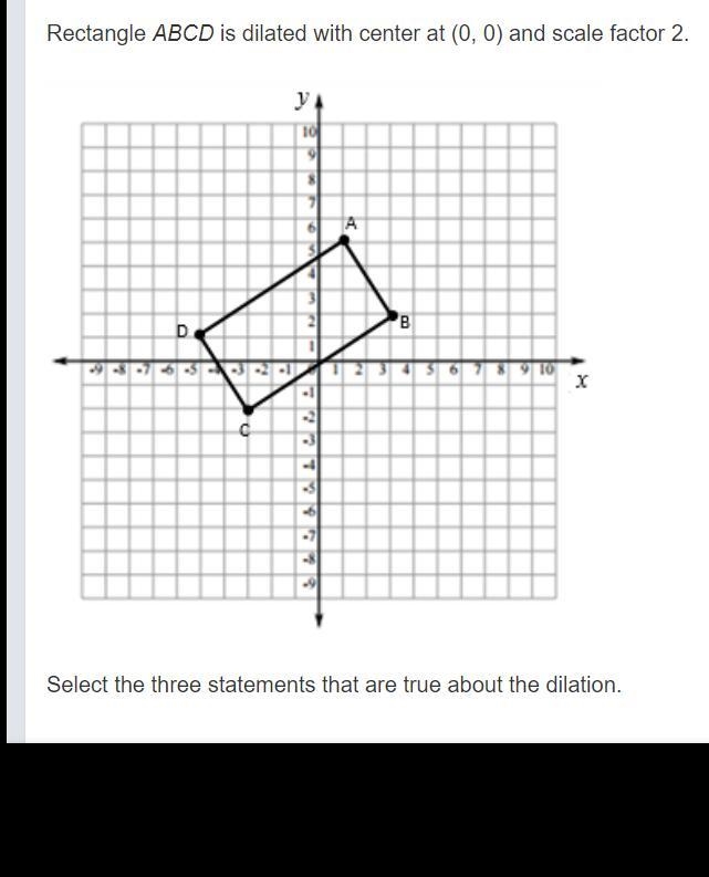 Rectangle ABCD is dilated with center at (0, 0) and scale factor 2. Select the three-example-1