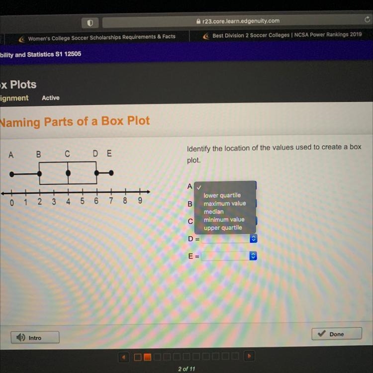 Ldentify the location of the values used to create a box plot. A= B= C= D= E=-example-1