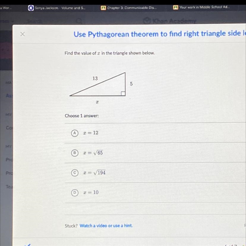 Find the value of x in the triangle shown below. 13 5 X-example-1