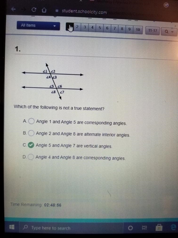 which of the following is not a true statement angle 1 and angel 5 are corresponding-example-1