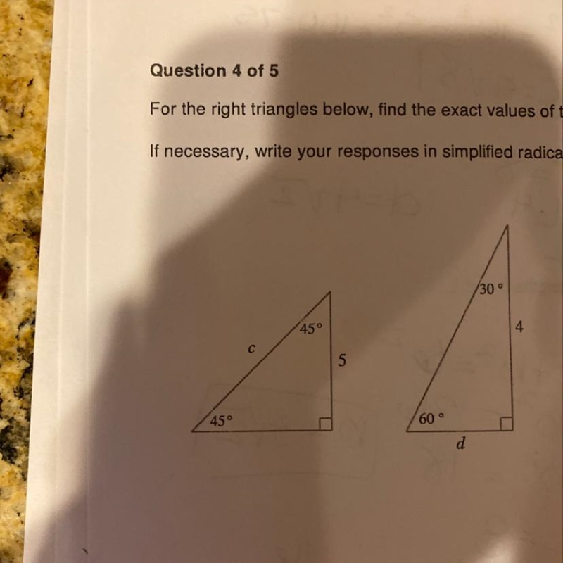 Find C and D using formula for special right triangles-example-1