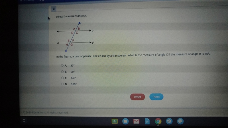 Select the correct answer. In a figure, a pair of parallel lines is cut by a transversal-example-1