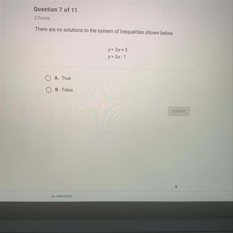 There are no solutions to the system of inequalities shown below. y< 3x+ 5 y&gt-example-1