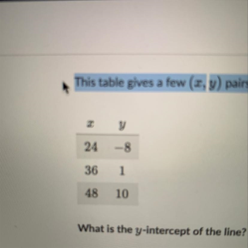 This table gives a few (x,y) pairs of a line in the coordinate plane.-example-1