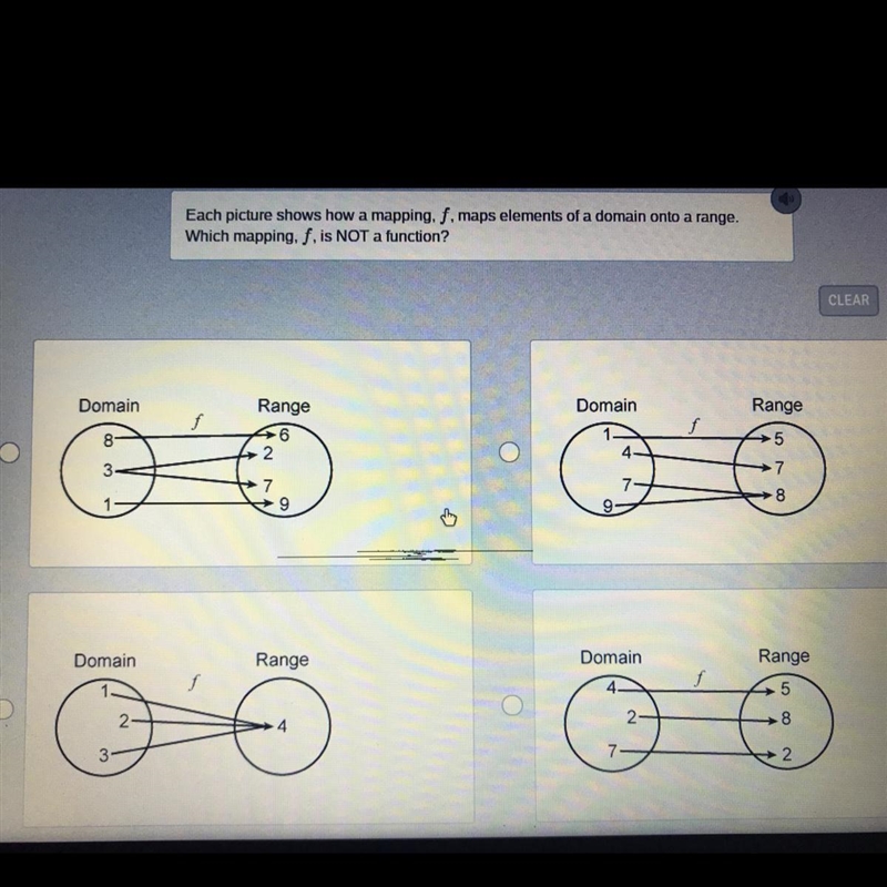 Each picture shows how a mapping, f, maps elements of a domain onto a range. Which-example-1