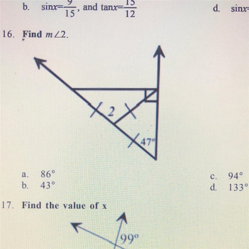 16. Find m<2. a. 86° b. 43° C. 94° d. 133-example-1