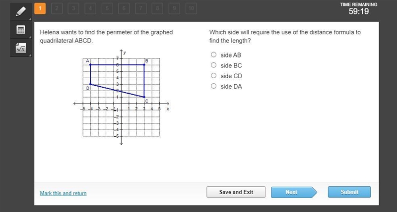 Which side will require the use of the distance formula to find the length?-example-1