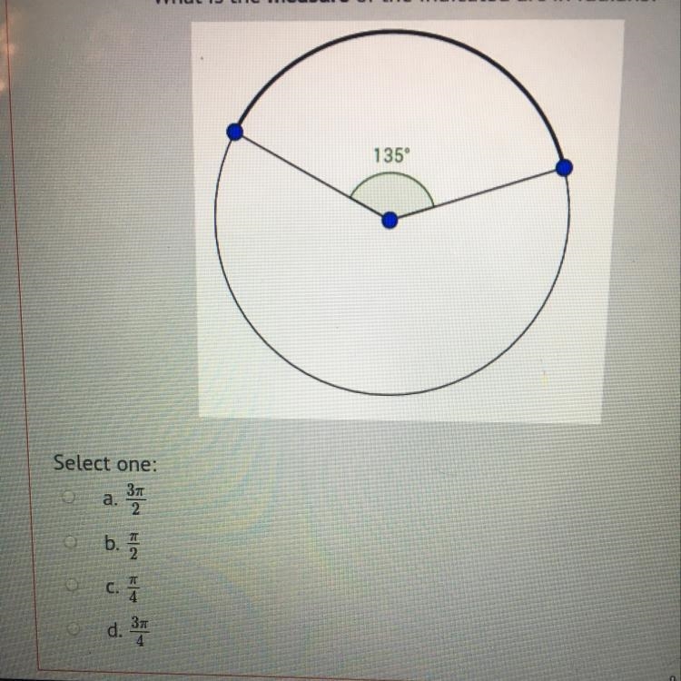 What is the measure of the indicated arc in radians? 135° I’m having a lot of trouble-example-1