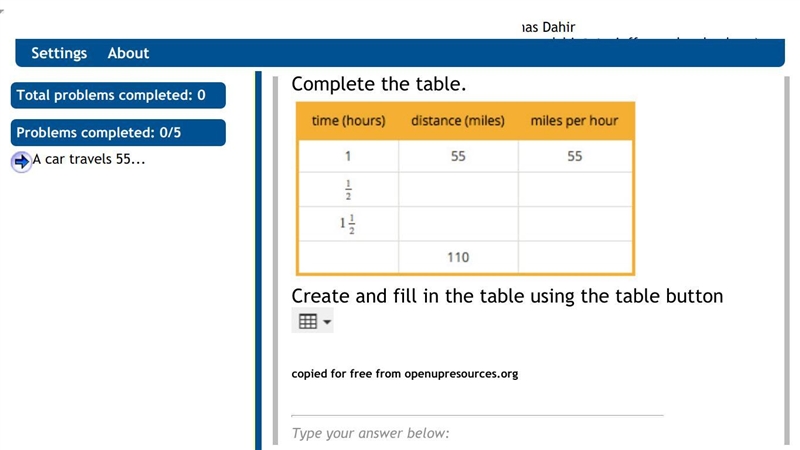 A car travels 55 miles per hour for two hours. Complete the table. HELP 20 points-example-1