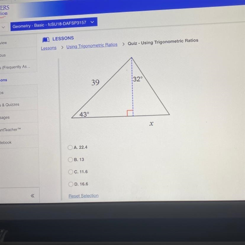 Find the length of the side labeled x. Round intermediate values to the nearest tenth-example-1