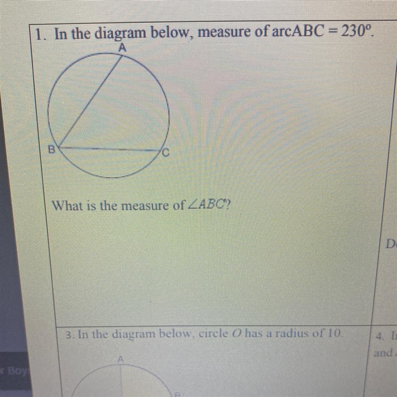 In the diagram below, measure of arcABC = 230º. What is the measure of-example-1