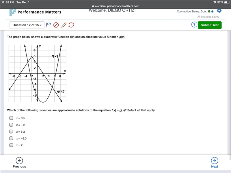 The graph below shows a quadratic function f(x) and an absolute value function g(x-example-1