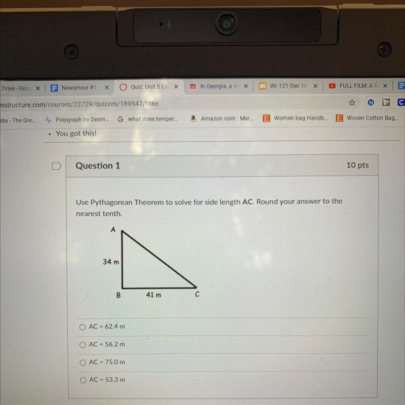 Use Pythagorean Theorem to solve for side length AC. Round your answer to the nearest-example-1