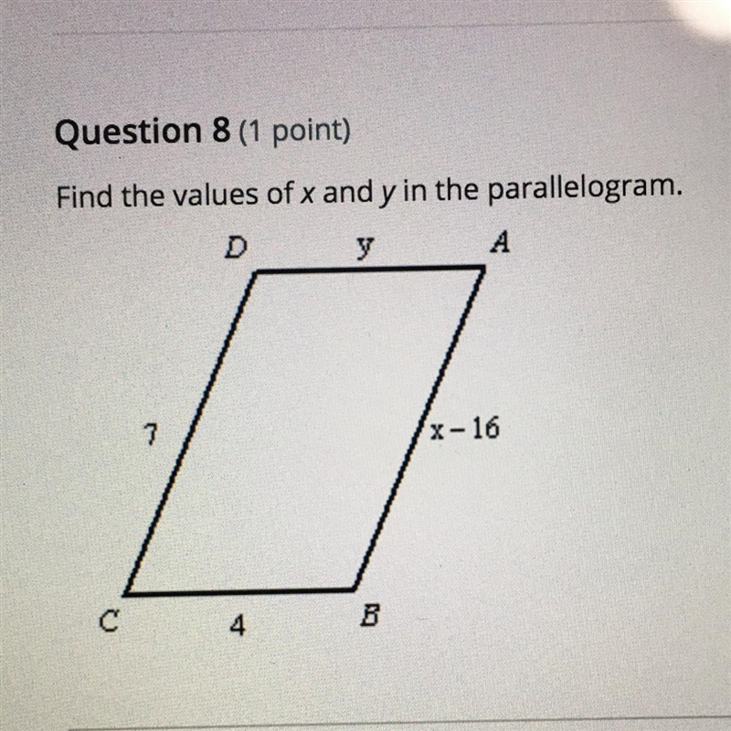 Find the values of x and y in the parallelogram.-example-1