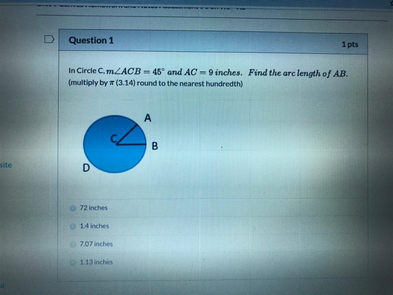 In Circle C, MLACB = 45° and AC = 9 inches. Find the arc length of AB. (multiply by-example-1