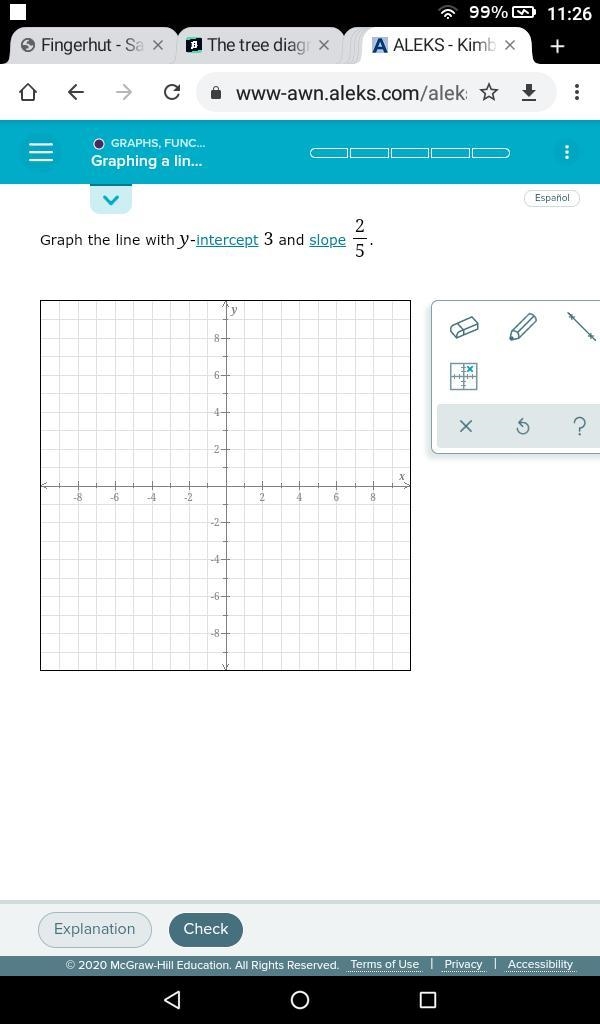 Please help graph the line with y intercept 3 and slope 2/5.-example-1