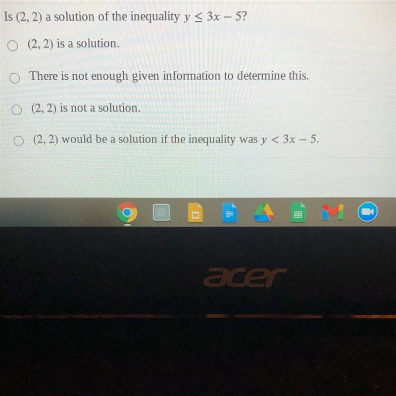 Is (2, 2) a solution of the inequality y < 3x - 5?-example-1