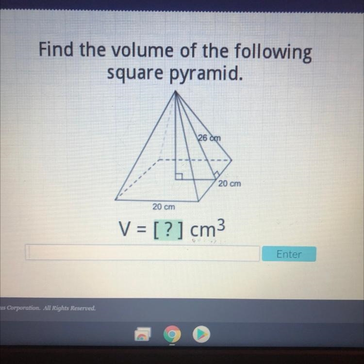 Find the volume of the following square pyramid. Please help-example-1