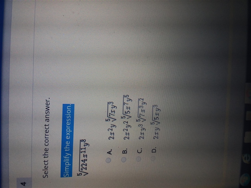 Simplify the expression. 5 square root of 224x^11y^8-example-1