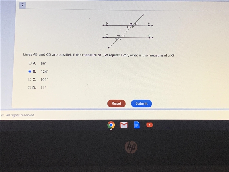 Lines AB and CD are parallel. If the measure of angle W equals 124 degrees, what is-example-1