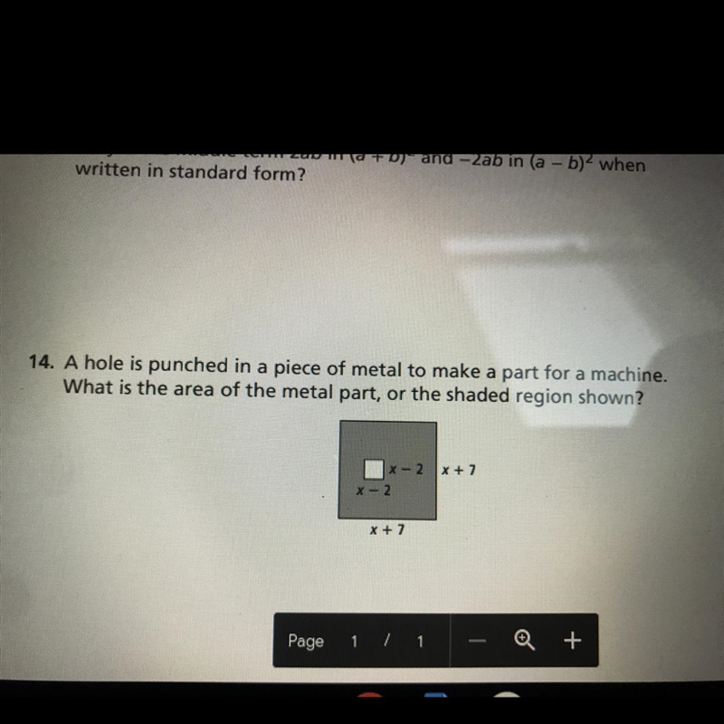 A hole is punched in a piece of metal to make a part for a machine. What is the area-example-1