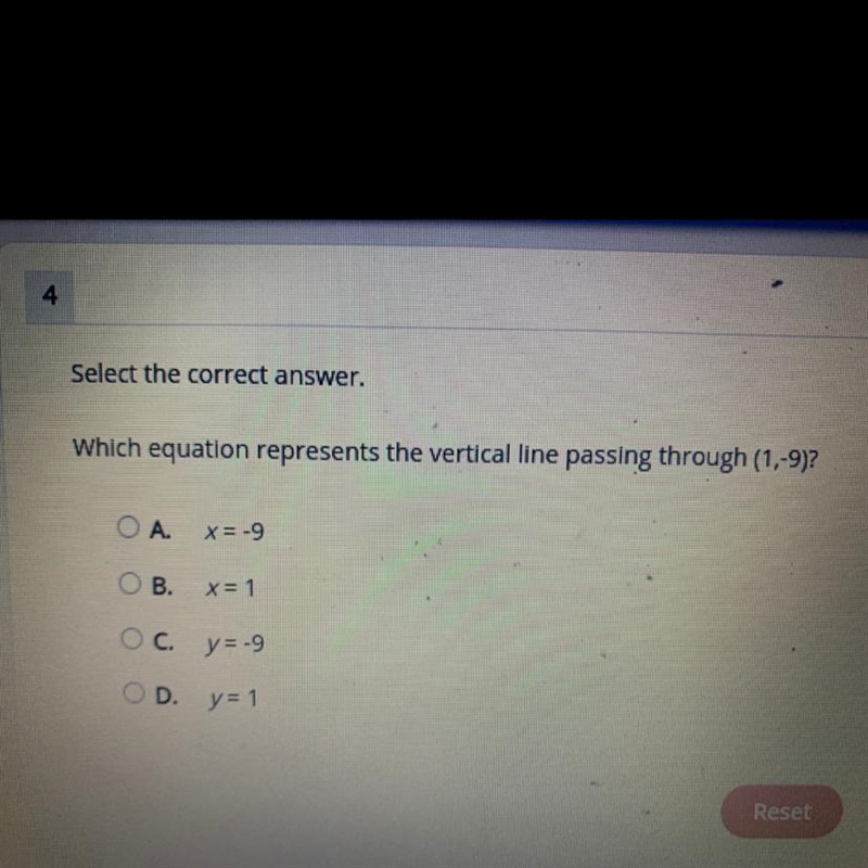 Select the correct answer. Which equation represents the vertical line passing through-example-1