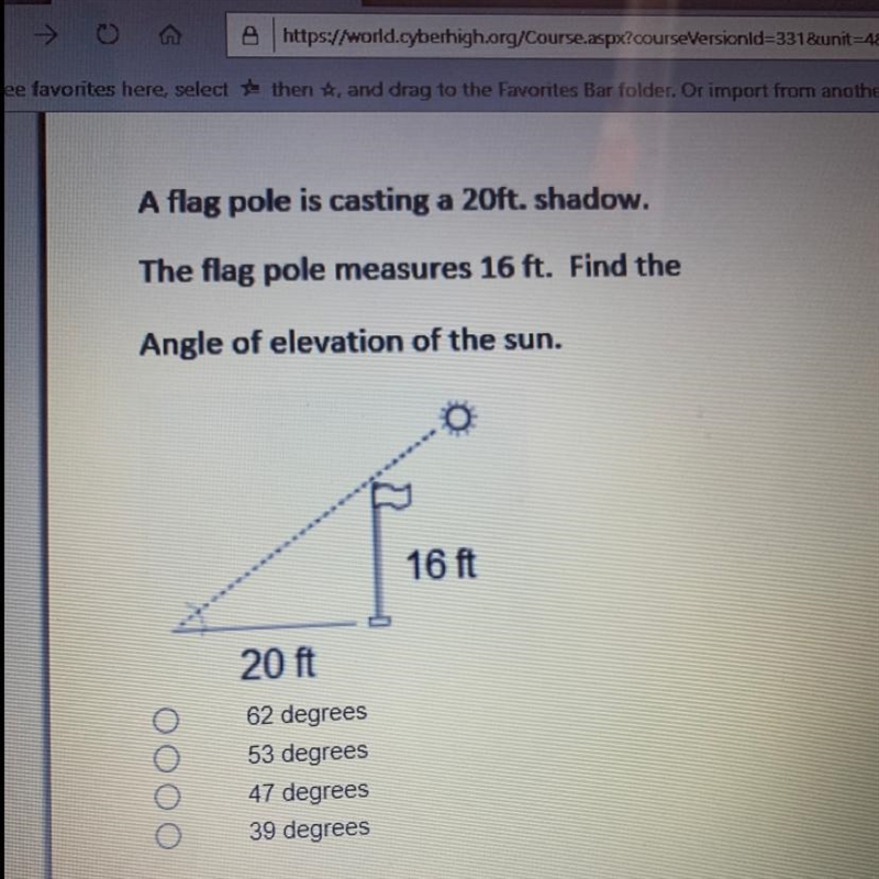 A flagpole is casting a 20 feet shadow. the flagpole measures 16 feet￼ find the angle-example-1