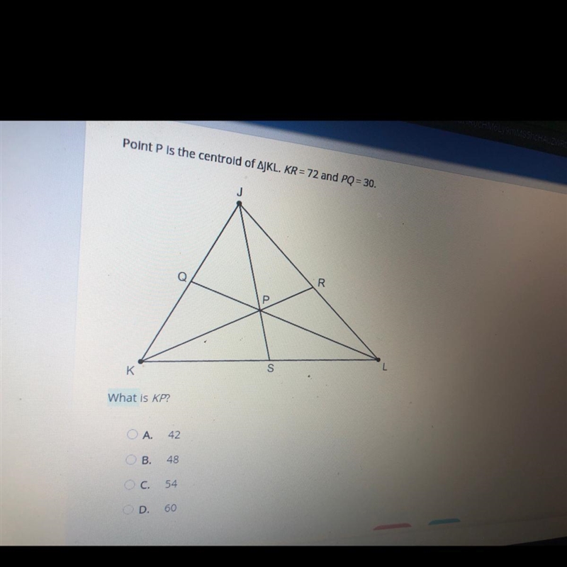 Point p is the centroid of jkl. Kr=72 and Pq=30 what is kp?-example-1