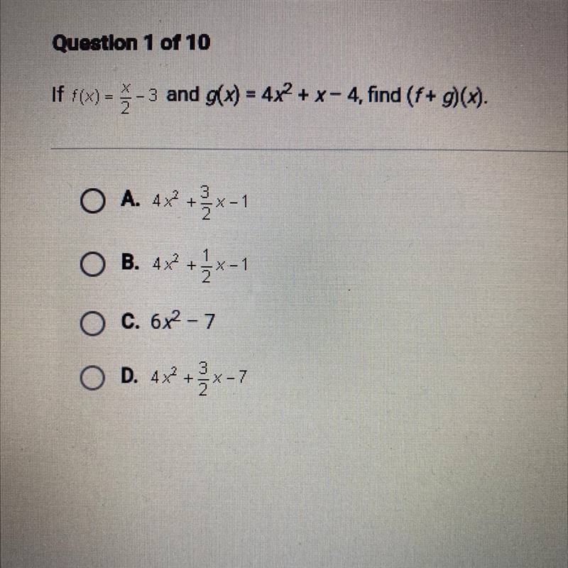 If f(x) = x/2 - 3 and g(x) = 4x ^ 2 + x - 4 , find (f + g)(x)-example-1