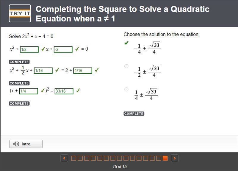 Complete Solve 2x2 + x − 4 = 0-example-1