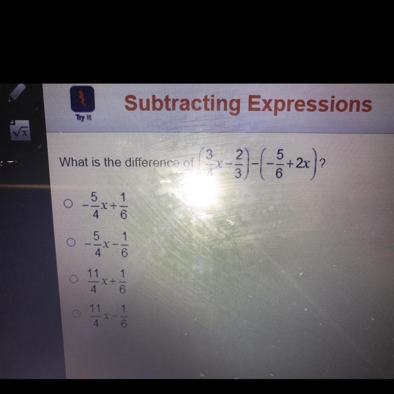 What is the difference of (3/4x - 2/3) - (-5/6+2x)-example-1