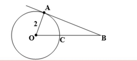 Find the indicated values: Given: OA=AC=2 AB is a tangent line Find: AB-example-1