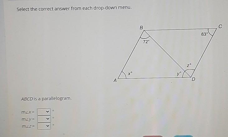 Select the correct answer from each drop down meau ABCD is a parallelogram m<x-example-1